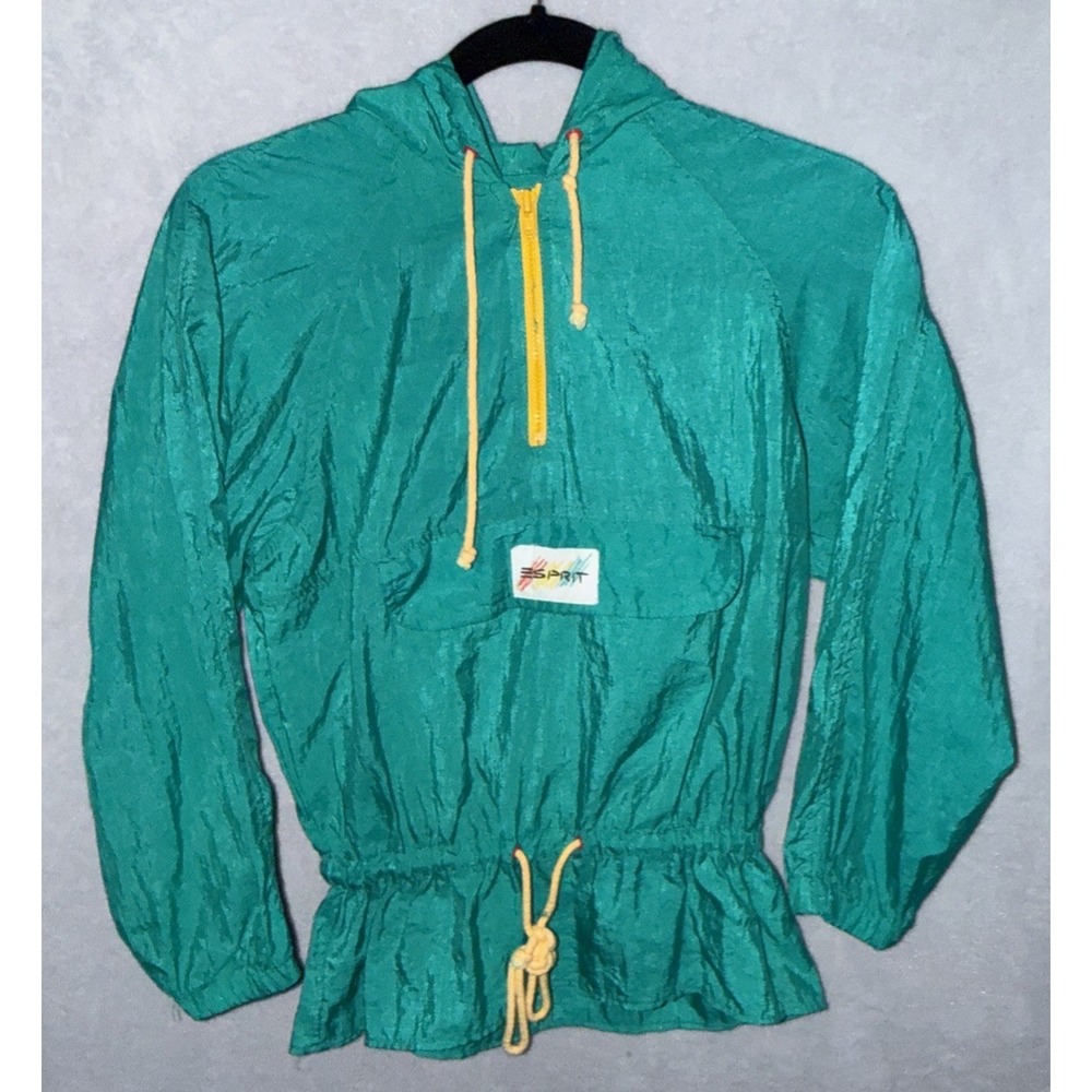 Vintage 90s Esprit Kids Teal Nylon Pullover Windbreaker Jacket 7/8 Retro Hooded